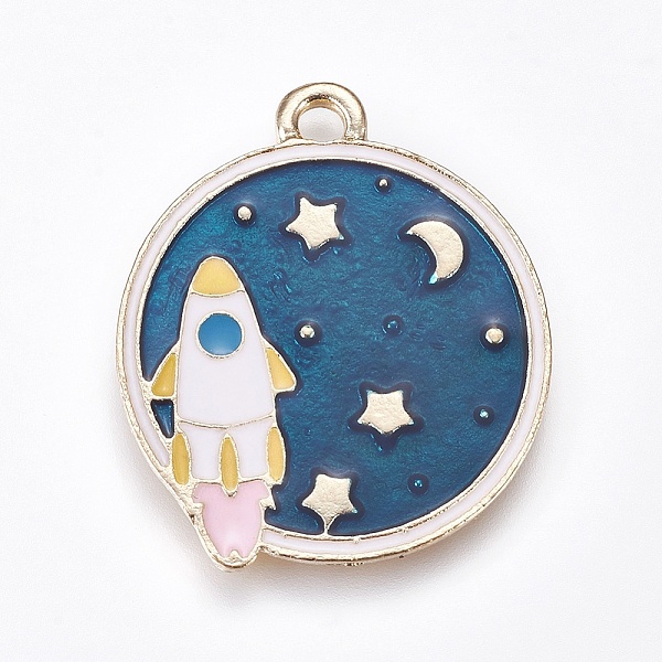 PandaHall Alloy Enamel Pendants, Flat Round with Rocket, Steel Blue, Golden, 28x24x1mm, Hole: 2.5mm Alloy+Enamel Flat Round Blue
PandaHall Alloy Enamel Pendants, Flat Round with Rocket, Steel Blue, Golden, 28x24x1mm, Hole: 2.5mm Alloy+Enamel Flat Round Blue