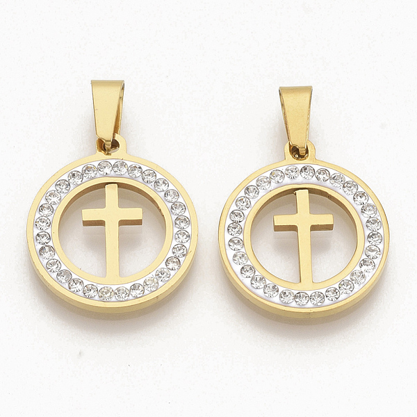 PandaHall 201 Stainless Steel Pendants, with Random Size Snap On Bails and Polymer Clay Crystal Rhinestones, Flat Round with Cross, Golden..., Clear
PandaHall 201 Stainless Steel Pendants, with Random Size Snap On Bails and Polymer Clay Crystal Rhinestones, Flat Round with Cross, Golden..., Clear