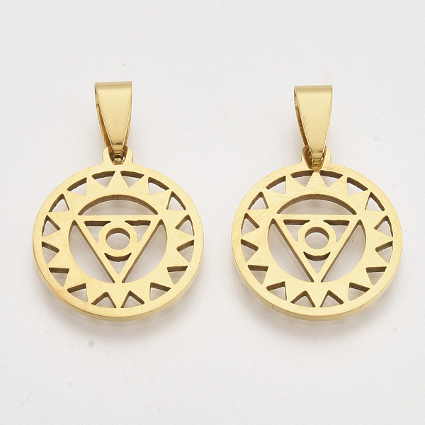 PandaHall Chakra Theme 201 Stainless Steel Pendants, with Random Size Snap on Bails, Vishuddha, Golden, 23x20x1.5mm, Hole: 7~10x3~5mm 201...
PandaHall Chakra Theme 201 Stainless Steel Pendants, with Random Size Snap on Bails, Vishuddha, Golden, 23x20x1.5mm, Hole: 7~10x3~5mm 201...