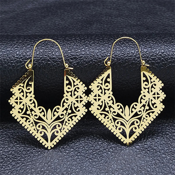 PandaHall 304 Stainless Steel Hollow Rhombus Hoop Earrings, Bohemia Theme Earrings, Golden, 50x35x1mm 304 Stainless Steel Rhombus
PandaHall 304 Stainless Steel Hollow Rhombus Hoop Earrings, Bohemia Theme Earrings, Golden, 50x35x1mm 304 Stainless Steel Rhombus