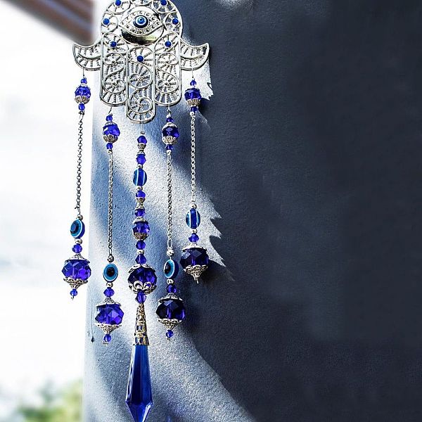 PandaHall Hamsa Hand/Hand of Miriam with Evil Eye Alloy Pendant Decoration, Hanging Suncatcher, with Glass Cone Charm, Dark Blue, 490mm...
PandaHall Hamsa Hand/Hand of Miriam with Evil Eye Alloy Pendant Decoration, Hanging Suncatcher, with Glass Cone Charm, Dark Blue, 490mm...