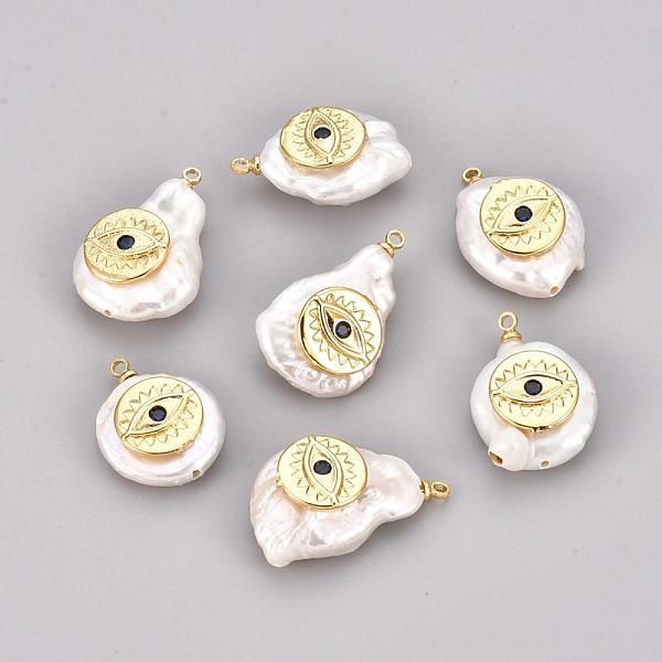 PandaHall Natural Cultured Freshwater Pearl Pendants, with Brass Micro Pave Cubic Zirconia Findings, Flat Round with Evil Eye, Golden...
PandaHall Natural Cultured Freshwater Pearl Pendants, with Brass Micro Pave Cubic Zirconia Findings, Flat Round with Evil Eye, Golden...