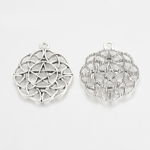 PandaHall Tibetan Style Alloy Pentacle Pendants, Wicca Pendants, Flower with Star, Antique Silver, 32x28x2mm, Hole: 2mm Alloy Flat Round
PandaHall Tibetan Style Alloy Pentacle Pendants, Wicca Pendants, Flower with Star, Antique Silver, 32x28x2mm, Hole: 2mm Alloy Flat Round