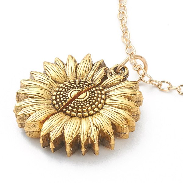 PandaHall Openable Alloy Pendant Necklaces, with Cable Chains, Sunflower with Word Keep Lucking Going, Antique Golden, 20.08 inch(51cm)...
PandaHall Openable Alloy Pendant Necklaces, with Cable Chains, Sunflower with Word Keep Lucking Going, Antique Golden, 20.08 inch(51cm)...