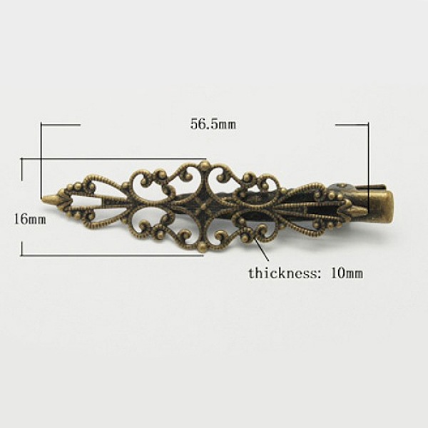 PandaHall Antique Bronze Iron Flat Alligator Hair Clip Findings, with Filigree Brass Tray, 56.5x16x10mm Brass
PandaHall Antique Bronze Iron Flat Alligator Hair Clip Findings, with Filigree Brass Tray, 56.5x16x10mm Brass