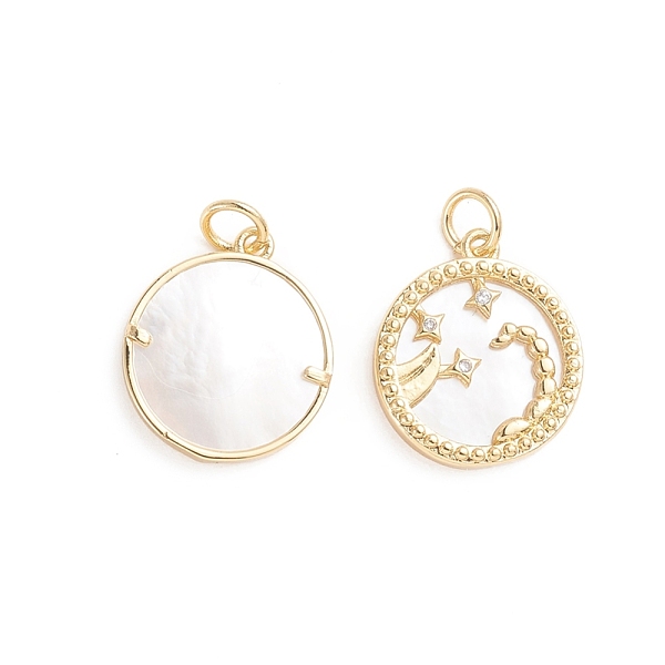 PandaHall Brass Micro Pave Cubic Zirconia Pendants, with Natural Shell and Jump Ring, Flat Round with Twelve Constellations, Golden, Scorpio..., Clear
PandaHall Brass Micro Pave Cubic Zirconia Pendants, with Natural Shell and Jump Ring, Flat Round with Twelve Constellations, Golden, Scorpio..., Clear