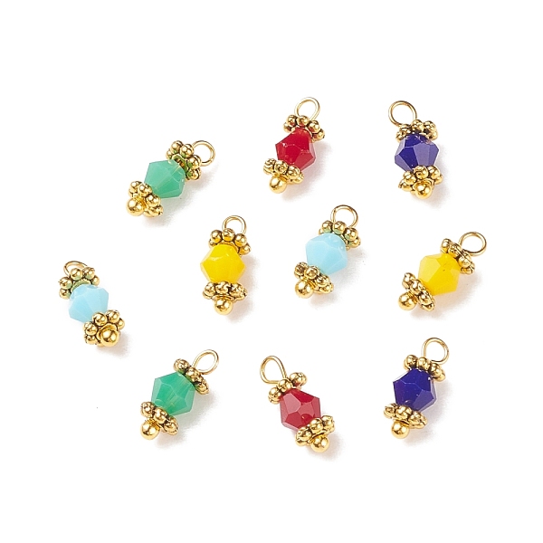 PandaHall Glass Charms, with Golden Plated Brass Findings, Bicone, Mixed Color, 11x4.5mm, Hole: 1.6mm Brass+Glass Bicone Multicolor
PandaHall Glass Charms, with Golden Plated Brass Findings, Bicone, Mixed Color, 11x4.5mm, Hole: 1.6mm Brass+Glass Bicone Multicolor