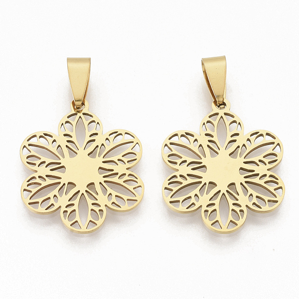 PandaHall 201 Stainless Steel Pendants, Filigree Pendants, with Random Size Snap on Bails, Flower, Golden, 27.5x23x1.5mm, Hole: 8~10x3~5mm...
PandaHall 201 Stainless Steel Pendants, Filigree Pendants, with Random Size Snap on Bails, Flower, Golden, 27.5x23x1.5mm, Hole: 8~10x3~5mm...