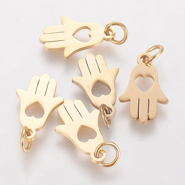 PandaHall 304 Stainless Steel Pendants, Hamsa Hand/Hand of Fatima/Hand of Miriam with Heart, Golden, 15x9.5x1mm, Hole: 4mm 304 Stainless...
PandaHall 304 Stainless Steel Pendants, Hamsa Hand/Hand of Fatima/Hand of Miriam with Heart, Golden, 15x9.5x1mm, Hole: 4mm 304 Stainless...