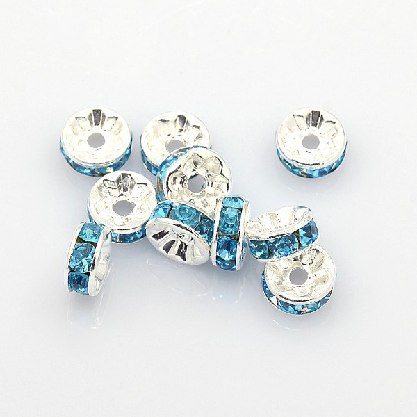 PandaHall Brass Rhinestone Spacer Beads, Grade A, Silver Color Plated, Rondelle, Sky Blue, Size: about 8mm in diameter, 3.5mm thick, hole...
PandaHall Brass Rhinestone Spacer Beads, Grade A, Silver Color Plated, Rondelle, Sky Blue, Size: about 8mm in diameter, 3.5mm thick, hole...