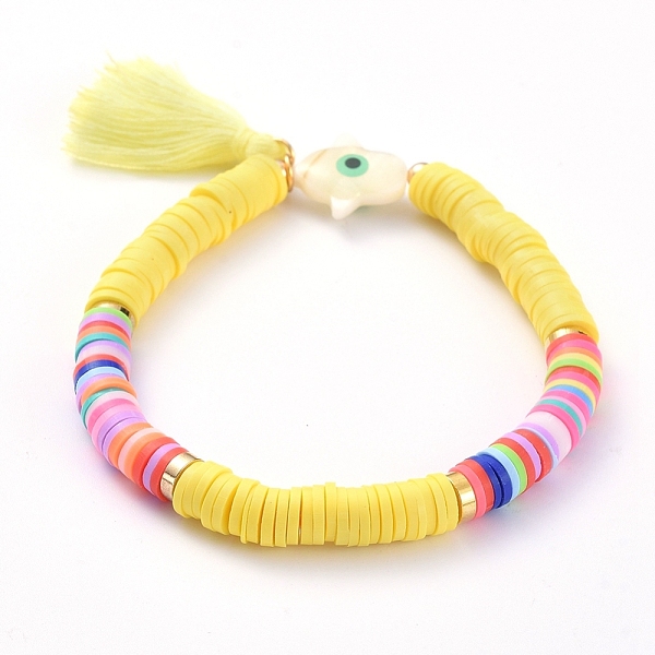 PandaHall Handmade Polymer Clay Heishi Beads Stretch Bracelets, with Cotton Thread Tassel Pendants and Natural Freshwater Shell Beads, Palm..., Yellow
PandaHall Handmade Polymer Clay Heishi Beads Stretch Bracelets, with Cotton Thread Tassel Pendants and Natural Freshwater Shell Beads, Palm..., Yellow