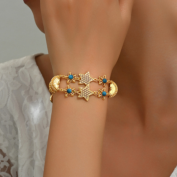 PandaHall Fashionable Star & Bowknot Real 18K Gold Plated Alloy Synthetic Turquoise Link Bracelets for Women, 6-3/4 inch(17cm) Synthetic...
PandaHall Fashionable Star & Bowknot Real 18K Gold Plated Alloy Synthetic Turquoise Link Bracelets for Women, 6-3/4 inch(17cm) Synthetic...