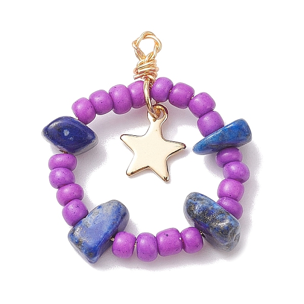 PandaHall Natural Lapis Lazuli Chips & Glass Seed Pendants, with 304 Stainless Steel Loops, Ring with Star Charms, 28~30x22~25x6~8mm, Hole...
PandaHall Natural Lapis Lazuli Chips & Glass Seed Pendants, with 304 Stainless Steel Loops, Ring with Star Charms, 28~30x22~25x6~8mm, Hole...