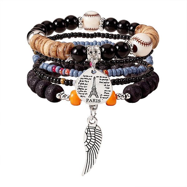 PandaHall 5Pcs 5 Style Wood & Glass Seed & Acrylic Beaded Stretch Bracelets Set with Baseball, Bohemian Stackable Bracelets with Alloy Wings..., Black
PandaHall 5Pcs 5 Style Wood & Glass Seed & Acrylic Beaded Stretch Bracelets Set with Baseball, Bohemian Stackable Bracelets with Alloy Wings..., Black
