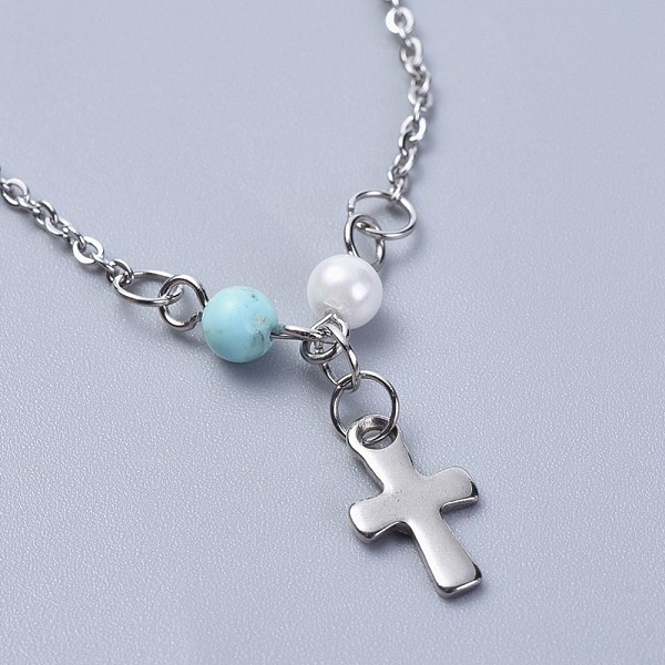 PandaHall 304 Stainless Steel Charm Anklets, with Synthetic Turquoise Beads and Glass Pearl, Cross, Stainless Steel Color, 9-5/8 inch...
PandaHall 304 Stainless Steel Charm Anklets, with Synthetic Turquoise Beads and Glass Pearl, Cross, Stainless Steel Color, 9-5/8 inch...