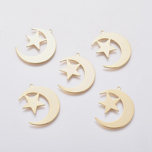 PandaHall 201 Stainless Steel Pendants, Moon and Star, Golden, 30x24x0.6mm, Hole: 1.4mm 201 Stainless Steel Moon
PandaHall 201 Stainless Steel Pendants, Moon and Star, Golden, 30x24x0.6mm, Hole: 1.4mm 201 Stainless Steel Moon