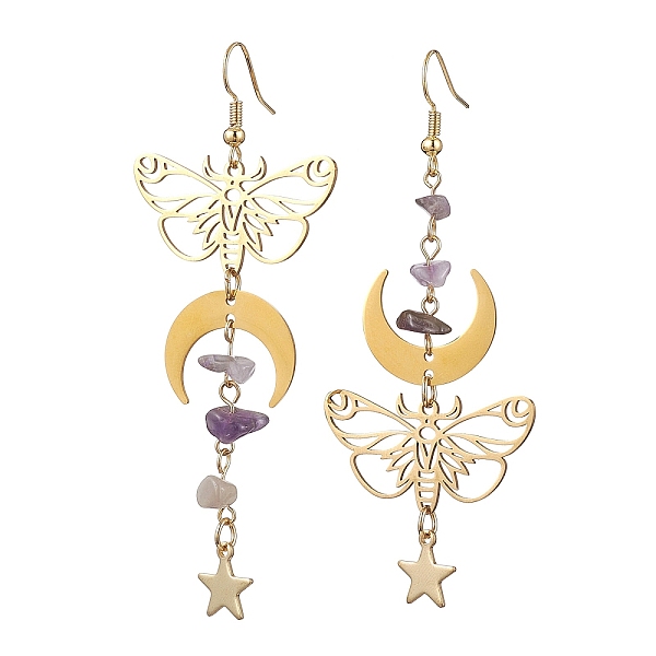 PandaHall Natural Amethyst Chips Dangle Earrings, Brass Butterfly & Moon & Star Asymmetrical Earrings, Golden, 78x33mm Amethyst Butterfly
PandaHall Natural Amethyst Chips Dangle Earrings, Brass Butterfly & Moon & Star Asymmetrical Earrings, Golden, 78x33mm Amethyst Butterfly
