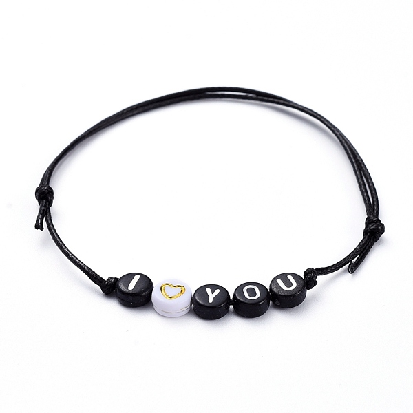 PandaHall Adjustable Waxed Polyester Cord Beaded Bracelets, for Valentine's Day, with Flat Round Acrylic Beads, Word I Love You, Black...
PandaHall Adjustable Waxed Polyester Cord Beaded Bracelets, for Valentine's Day, with Flat Round Acrylic Beads, Word I Love You, Black...