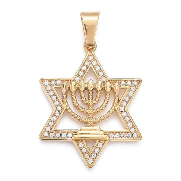 PandaHall 304 Stainless Steel Pendants, with Crystal Rhinestone, Star of David with Candelabrum, Golden, 47.5x37.5x4mm, Hole: 6.5x11.5mm..., Clear
PandaHall 304 Stainless Steel Pendants, with Crystal Rhinestone, Star of David with Candelabrum, Golden, 47.5x37.5x4mm, Hole: 6.5x11.5mm..., Clear