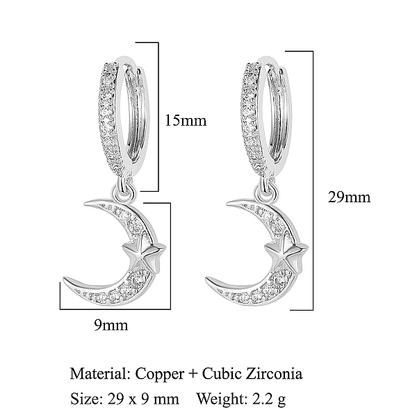 PandaHall Clear Cubic Zirconia Moon with Star Dangle Hoop Earrings, Brass Earrings, Platinum, 29x9mm Cubic Zirconia Moon
PandaHall Clear Cubic Zirconia Moon with Star Dangle Hoop Earrings, Brass Earrings, Platinum, 29x9mm Cubic Zirconia Moon