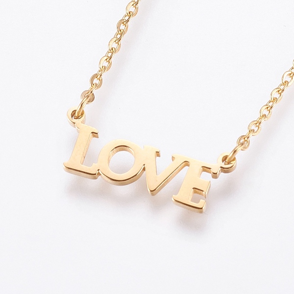 PandaHall 304 Stainless Steel Pendant Necklaces, Word with LOVE, Golden, 17.99 inch(45.7cm), 1.5mm 304 Stainless Steel
PandaHall 304 Stainless Steel Pendant Necklaces, Word with LOVE, Golden, 17.99 inch(45.7cm), 1.5mm 304 Stainless Steel