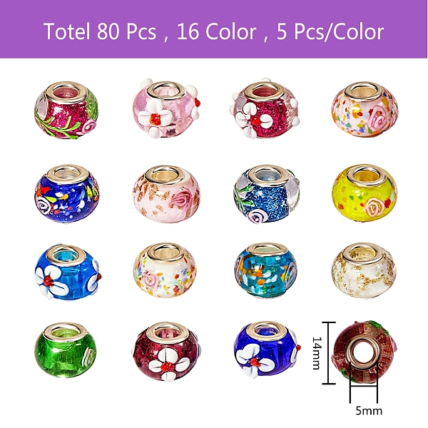 PandaHall 80Pcs 16 Style Handmade Lampwork European Beads, Large Hole Rondelle Beads, with Platinum Tone Brass Double Cores, Mixed Color..., Multicolor
PandaHall 80Pcs 16 Style Handmade Lampwork European Beads, Large Hole Rondelle Beads, with Platinum Tone Brass Double Cores, Mixed Color..., Multicolor