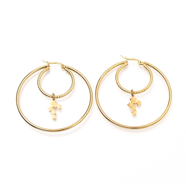 PandaHall 304 Stainless Steel Hoop Earrings, Textured, Ring Shape with Star, Golden, 54x50x2mm, Pin: 0.8mm 304 Stainless Steel Ring
PandaHall 304 Stainless Steel Hoop Earrings, Textured, Ring Shape with Star, Golden, 54x50x2mm, Pin: 0.8mm 304 Stainless Steel Ring