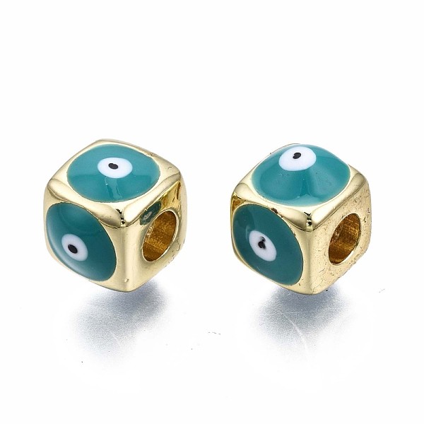 PandaHall Brass European Beads, with Enamel, Large Hole Beads, Real 18K Gold Plated, Nickel Free, Cube with Evil Eye, Light Sea Green...
PandaHall Brass European Beads, with Enamel, Large Hole Beads, Real 18K Gold Plated, Nickel Free, Cube with Evil Eye, Light Sea Green...