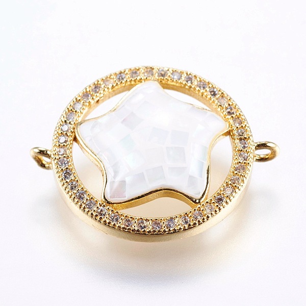 PandaHall Brass Micro Pave Cubic Zirconia Links, with White Shell, Flat Round with Star, Golden, 17x22x4mm, Hole: 1mm Brass+Cubic Zirconia...
PandaHall Brass Micro Pave Cubic Zirconia Links, with White Shell, Flat Round with Star, Golden, 17x22x4mm, Hole: 1mm Brass+Cubic Zirconia...