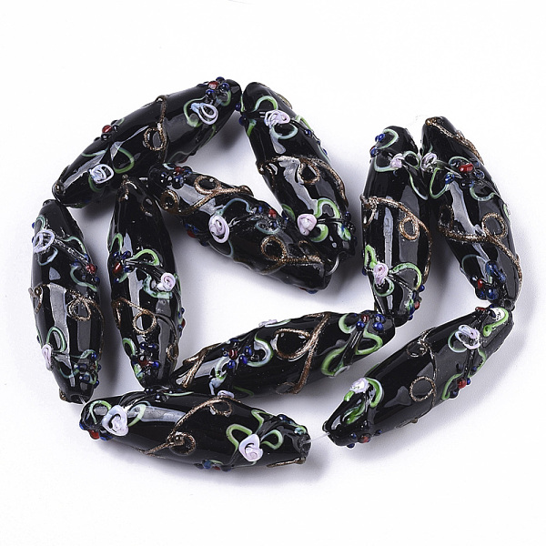 PandaHall Handmade Gold Sand Lampwork Beads Strands, Bumpy, Rice with Flower Pattern, Black, 45~47.5x14.5~15.5mm, Hole: 1.5mm, about...
PandaHall Handmade Gold Sand Lampwork Beads Strands, Bumpy, Rice with Flower Pattern, Black, 45~47.5x14.5~15.5mm, Hole: 1.5mm, about...