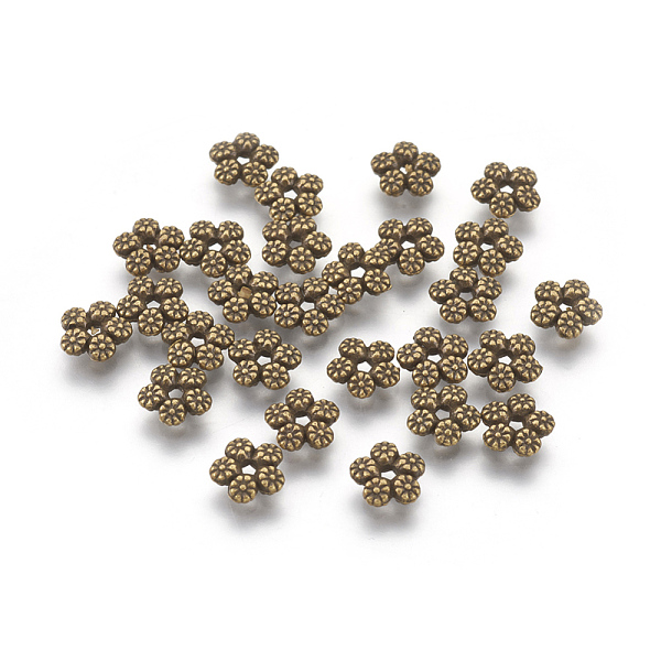 PandaHall Tibetan Style Alloy Spacer Beads, Flower, Cadmium Free & Nickel Free & Lead Free, Antique Bronze, 7x7x2mm, Hole: 1mm Alloy Flower
PandaHall Tibetan Style Alloy Spacer Beads, Flower, Cadmium Free & Nickel Free & Lead Free, Antique Bronze, 7x7x2mm, Hole: 1mm Alloy Flower