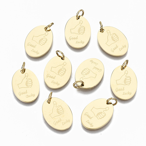 PandaHall 304 Stainless Steel Pendants, with Jump Rings, Oval with Word good lucky, Real 14K Gold Plated, 16x11.5x1mm, Jump Ring: 5x0.8mm...
PandaHall 304 Stainless Steel Pendants, with Jump Rings, Oval with Word good lucky, Real 14K Gold Plated, 16x11.5x1mm, Jump Ring: 5x0.8mm...