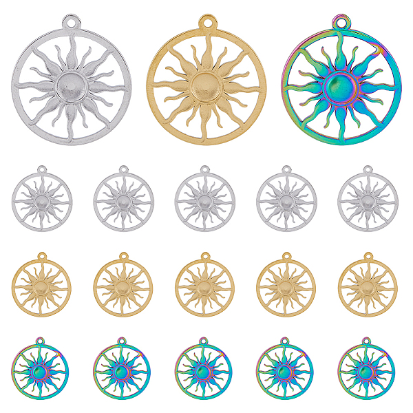 PandaHall DICOSMETIC 18Pcs 3 Colors Ion Plating(IP) 304 Stainless Steel Pendants, Ring with Sun Charm, Mixed Color, 26.5x24x2.5mm, Hole...
PandaHall DICOSMETIC 18Pcs 3 Colors Ion Plating(IP) 304 Stainless Steel Pendants, Ring with Sun Charm, Mixed Color, 26.5x24x2.5mm, Hole...