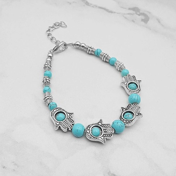 PandaHall Synthetic Turquoise Bead Braceles, with Stainless Steel Beads, Hamsa Hand, No Size Synthetic Turquoise Hamsa Hand
PandaHall Synthetic Turquoise Bead Braceles, with Stainless Steel Beads, Hamsa Hand, No Size Synthetic Turquoise Hamsa Hand