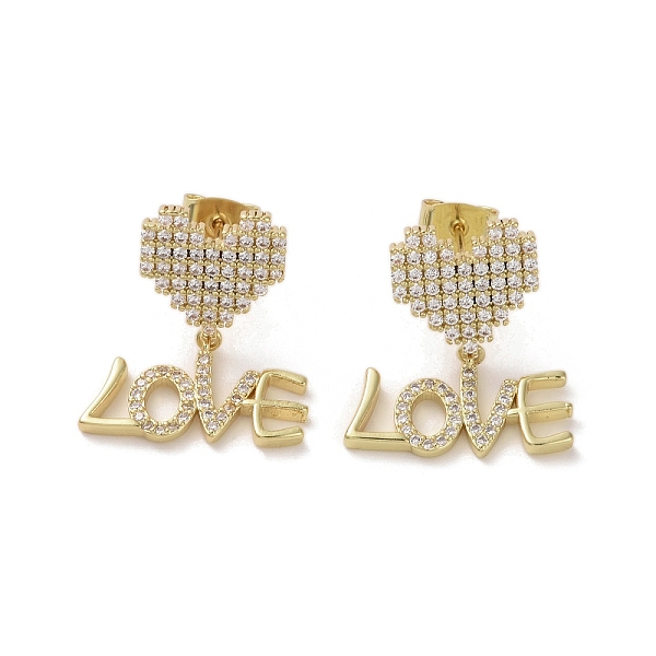 PandaHall Brass Micro Pave Cubic Zirconia Dangle Stud Earrings, Heart with Word Love, Real 16K Gold Plated, 23x18.5mm Cubic Zirconia Heart
PandaHall Brass Micro Pave Cubic Zirconia Dangle Stud Earrings, Heart with Word Love, Real 16K Gold Plated, 23x18.5mm Cubic Zirconia Heart