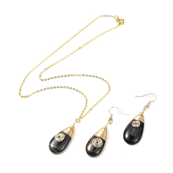 PandaHall Brass Wire Wrapped Teardrop Natural Black Agate Pendant Necklace & Dangle Earrings, Stone Jewelry Set for Her, Golden, 57mm, Pin...
PandaHall Brass Wire Wrapped Teardrop Natural Black Agate Pendant Necklace & Dangle Earrings, Stone Jewelry Set for Her, Golden, 57mm, Pin...