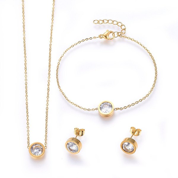 PandaHall 304 Stainless Steel Jewelry Sets, Pendant Necklaces & Stud Earrings & Bracelets, with Cubic Zirconia, Flat Round, Golden, 17.7..., Clear
PandaHall 304 Stainless Steel Jewelry Sets, Pendant Necklaces & Stud Earrings & Bracelets, with Cubic Zirconia, Flat Round, Golden, 17.7..., Clear