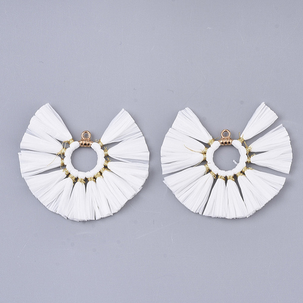 PandaHall Natural Raffia Tassel Pendants, with Alloy Ring Findings, Fan-shaped, Light Gold, White, 50~53x54~56x3mm, Hole: 2mm Raffia White
PandaHall Natural Raffia Tassel Pendants, with Alloy Ring Findings, Fan-shaped, Light Gold, White, 50~53x54~56x3mm, Hole: 2mm Raffia White
