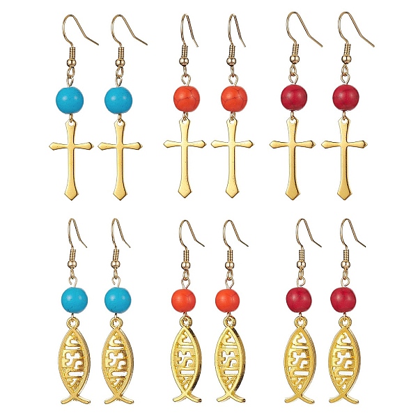 PandaHall 6 Pair 6 Style Brass Cross & Alloy Jesus Fish Dangle Earrings, Synthetic Turquoise Round Beaded Long Drop Earrings with 304..., Multicolor
PandaHall 6 Pair 6 Style Brass Cross & Alloy Jesus Fish Dangle Earrings, Synthetic Turquoise Round Beaded Long Drop Earrings with 304..., Multicolor