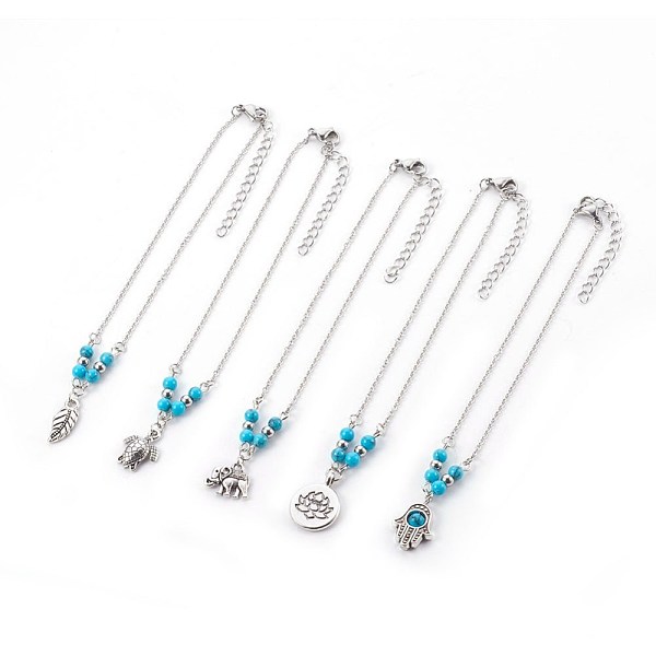 PandaHall Synthetic Turquoise Charms Anklets, with Tibetan Style Alloy Pendants, 304 Stainless Steel Findings and Iron Eye Pin, Mixed Shapes...
PandaHall Synthetic Turquoise Charms Anklets, with Tibetan Style Alloy Pendants, 304 Stainless Steel Findings and Iron Eye Pin, Mixed Shapes...