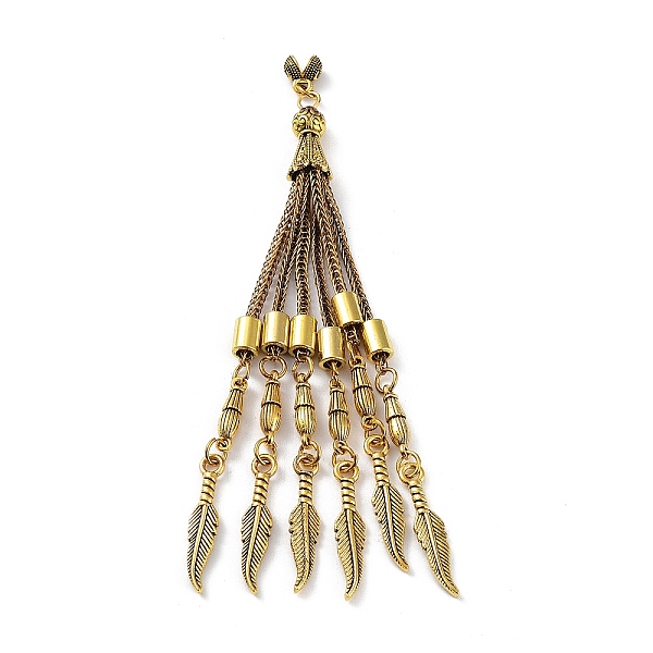 PandaHall Tibetan Style Alloy Curb Chain Tassel Big Pendants, Feather, Antique Golden, 116x8.5mm, Hole: 3.5mm Alloy
PandaHall Tibetan Style Alloy Curb Chain Tassel Big Pendants, Feather, Antique Golden, 116x8.5mm, Hole: 3.5mm Alloy