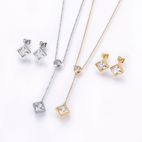PandaHall 304 Stainless Steel Jewelry Sets, Stud Earrings and Pendant Necklaces, with Rhinestone and Cubic Zirconia, Rhombus, Mixed Color..., Multicolor
PandaHall 304 Stainless Steel Jewelry Sets, Stud Earrings and Pendant Necklaces, with Rhinestone and Cubic Zirconia, Rhombus, Mixed Color..., Multicolor