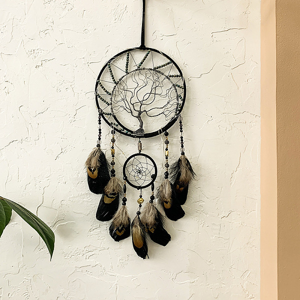 PandaHall Woven Net/Web with Feather Pendant Decoration, with Iron Ring and Tassels, Flat Round with Tree of Life, Black, 570x200mm Feather...
PandaHall Woven Net/Web with Feather Pendant Decoration, with Iron Ring and Tassels, Flat Round with Tree of Life, Black, 570x200mm Feather...