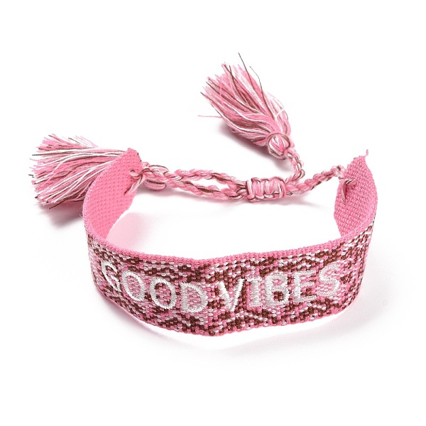 PandaHall Word Good Vibes Polycotton(Polyester Cotton) Braided Bracelet with Tassel Charm, Flat Adjustable Wide Wristband for Couple, Hot...
PandaHall Word Good Vibes Polycotton(Polyester Cotton) Braided Bracelet with Tassel Charm, Flat Adjustable Wide Wristband for Couple, Hot...