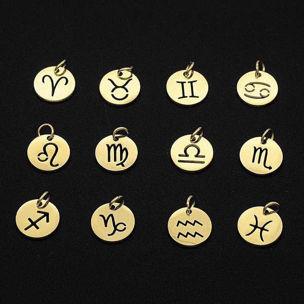 PandaHall 201 Stainless Steel Charms, Laser Cut, with Jump Rings, Flat Round with 12 Constellations, Rainbow, Golden, 12x12x1mm, Total...
PandaHall 201 Stainless Steel Charms, Laser Cut, with Jump Rings, Flat Round with 12 Constellations, Rainbow, Golden, 12x12x1mm, Total...