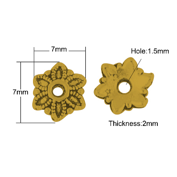 PandaHall Tibetan Style Caps, Cadmium Free & Nickel Free & Lead Free, Flower, Antique Golden, 7x7x2mm, Hole: 1.5mm Alloy
PandaHall Tibetan Style Caps, Cadmium Free & Nickel Free & Lead Free, Flower, Antique Golden, 7x7x2mm, Hole: 1.5mm Alloy