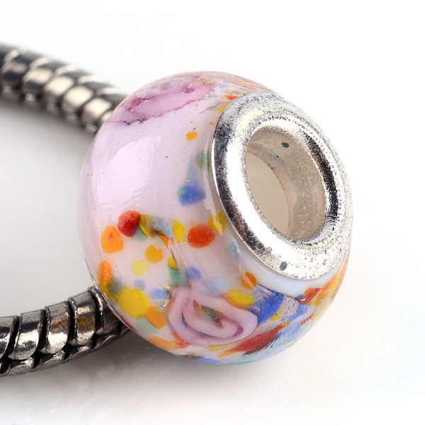 PandaHall Rondelle Lampwork Large Hole European Beads, with Silver Tone Brass Cores, Pink, 13~14x10~11mm, Hole: 5mm Lampwork+Brass Core...
PandaHall Rondelle Lampwork Large Hole European Beads, with Silver Tone Brass Cores, Pink, 13~14x10~11mm, Hole: 5mm Lampwork+Brass Core...