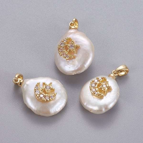 PandaHall Natural Cultured Freshwater Pearl Pendants, with Brass Micro Pave Cubic Zirconia Findings, Nuggets with Star & Moon, Long-Lasting..., Clear
PandaHall Natural Cultured Freshwater Pearl Pendants, with Brass Micro Pave Cubic Zirconia Findings, Nuggets with Star & Moon, Long-Lasting..., Clear