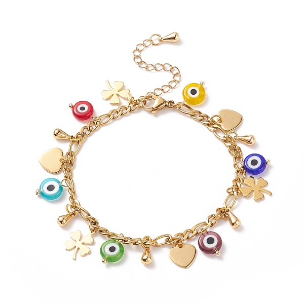 PandaHall Lampwork Evil Eye & Brass Clover Heart Charms Bracelet with Stainless Steel Chains for Women, Golden, 7-1/2 inch(19.1cm) Lampwork
PandaHall Lampwork Evil Eye & Brass Clover Heart Charms Bracelet with Stainless Steel Chains for Women, Golden, 7-1/2 inch(19.1cm) Lampwork