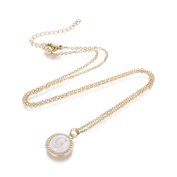 PandaHall Brass Initial Pendant Necklaces, with Shell, Cubic Zirconia and 304 Stainless Steel Cable Chains, Flat Round with Letter, Letter.G..., Clear
PandaHall Brass Initial Pendant Necklaces, with Shell, Cubic Zirconia and 304 Stainless Steel Cable Chains, Flat Round with Letter, Letter.G..., Clear